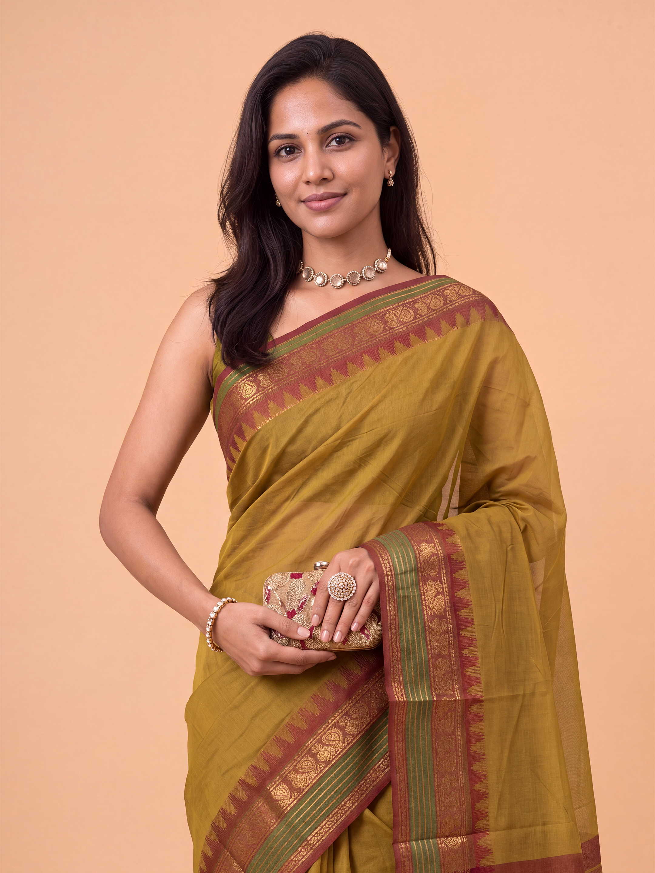 Women Mustard Green Chettinad Cotton Saree CCS01