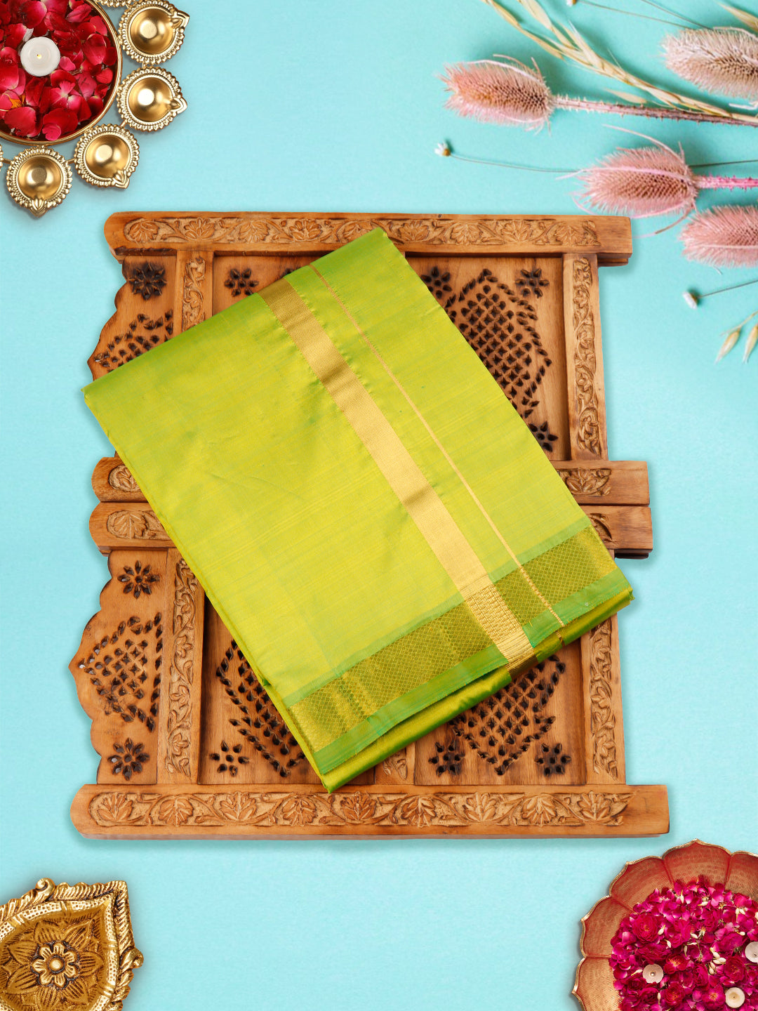 Premium Pure Silk Parrot Green Dhoti With Angavastram 1" Gold Jari Border Thirukalyan