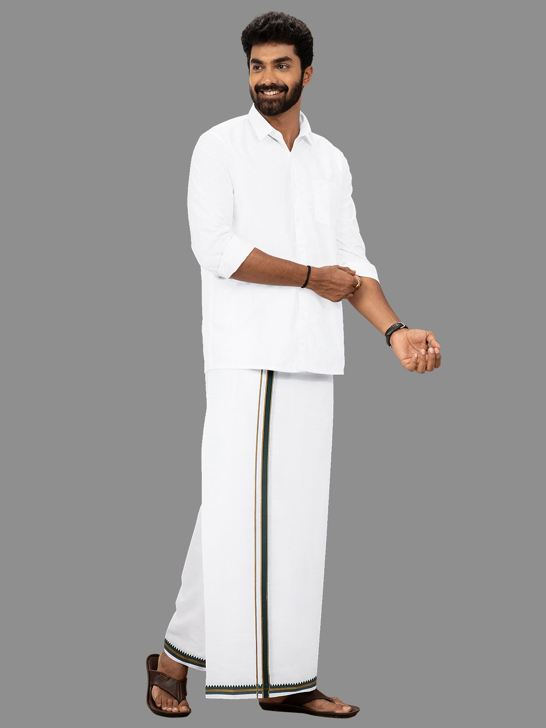 Men Green Fancy Border Single Dhoti Fancy Pet FP03