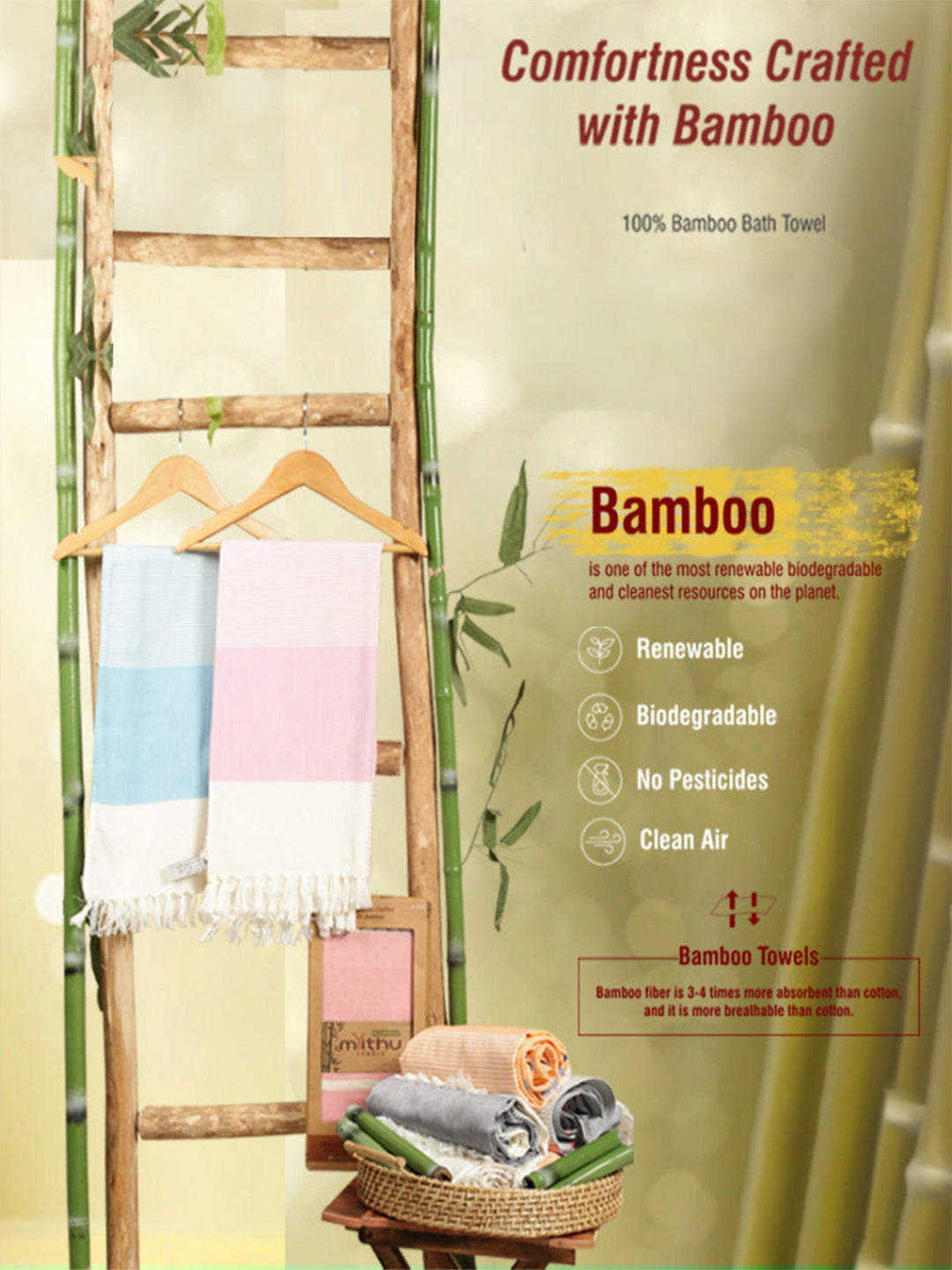 Ultra Soft & Quick Absorbent Bamboo Assorted Colours Bath Towel (Size 0.90mX1.80m)