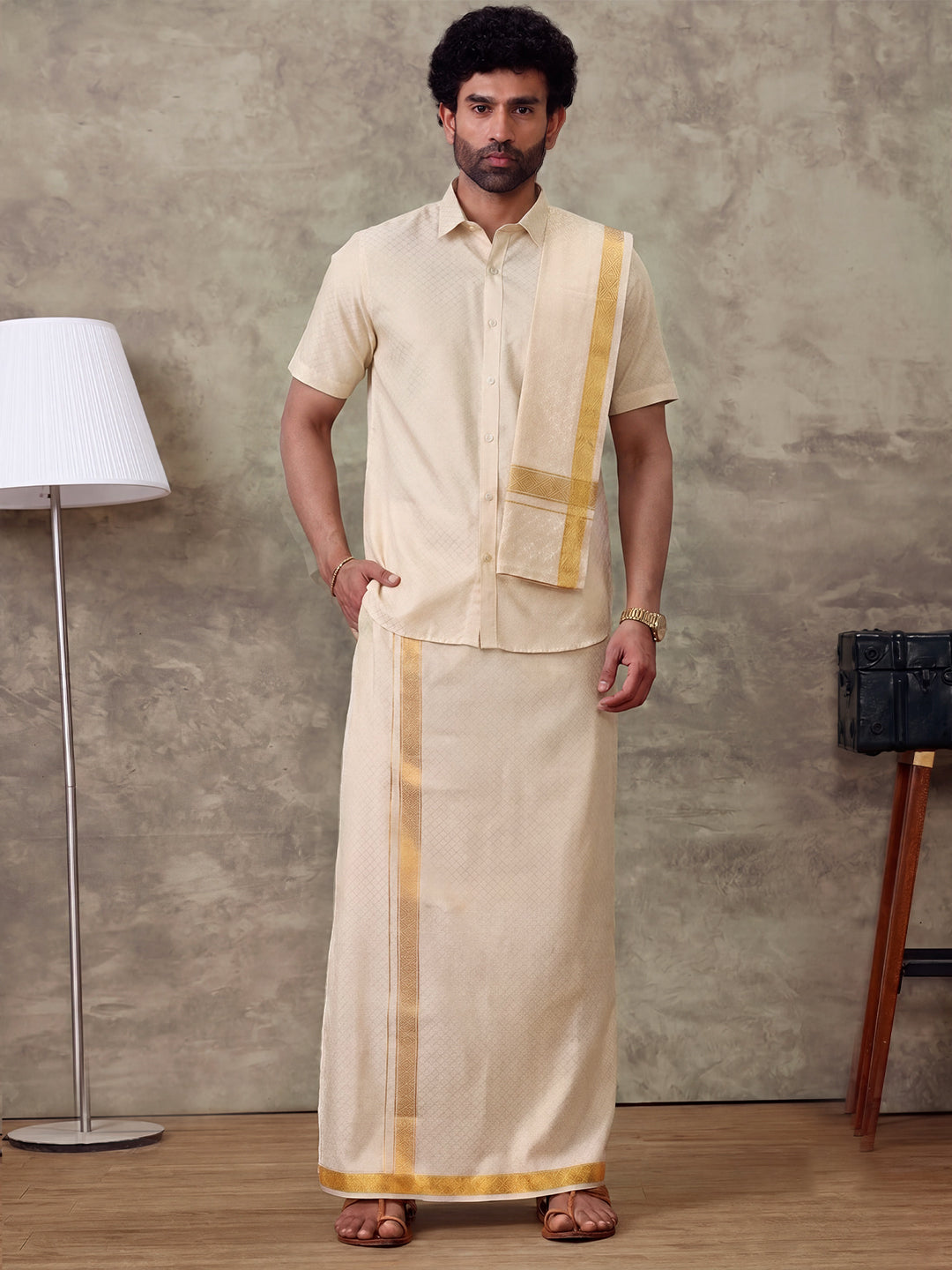 Tissue Gold Jacquard Shirt, Dhoti & Towel Set - GD13