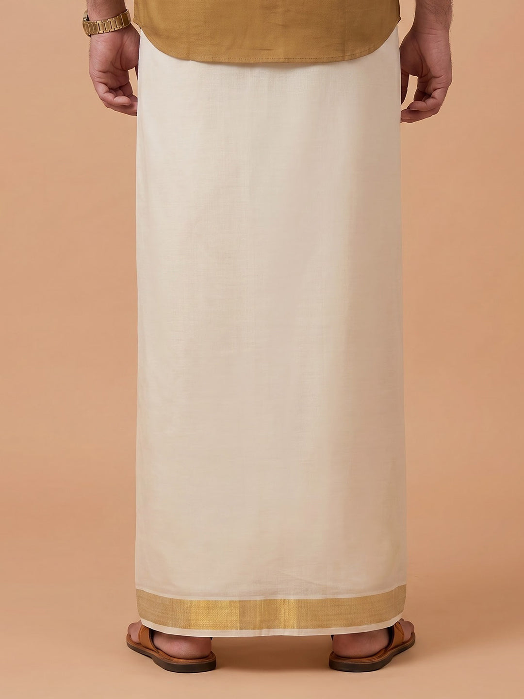 Double Layer Premium Handloom Cream Dhoti with Jari Border HLM119