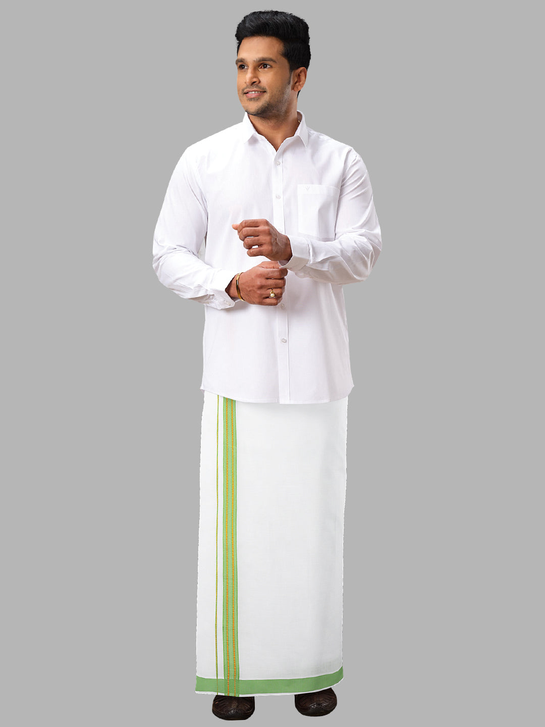 Men White with Green Fancy Border Readymade Pocket Single Layer Dhoti GACJ12