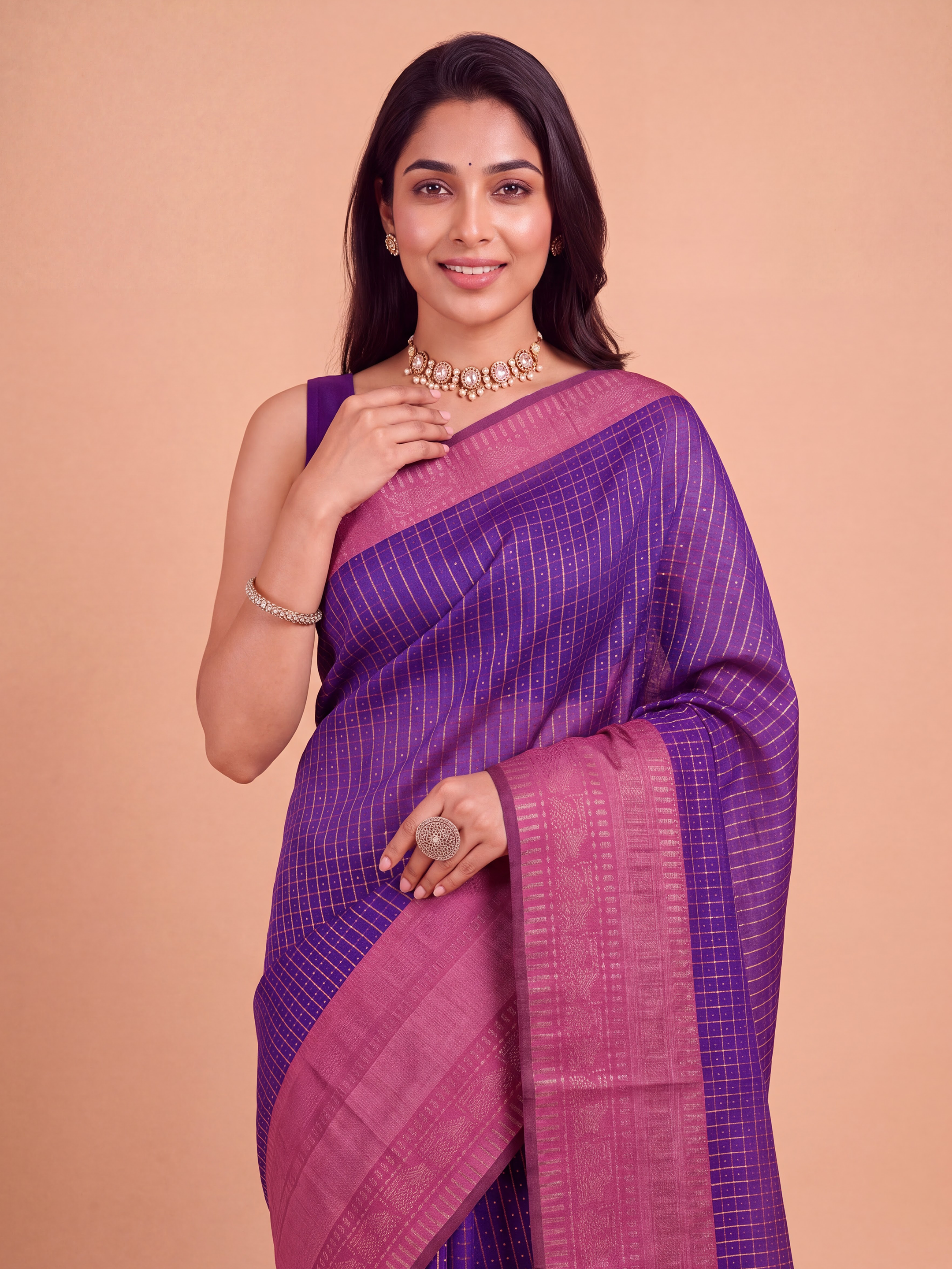 Women Semi Linen Violet Checked Fancy Saree SL260