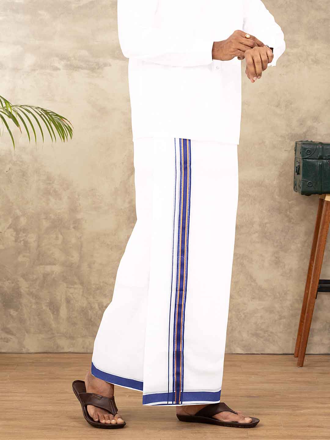Men Cotton Blend Double Layer White Dhoti with Fancy Jari Border VGF02