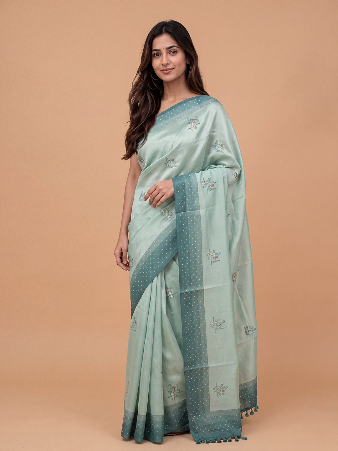 Women Semi Linen Green Embroidered Saree SL270
