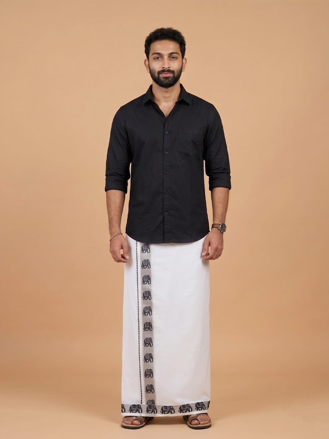 Double Layer 100% Cotton White Dhoti with Colour Jari Border - LC46
