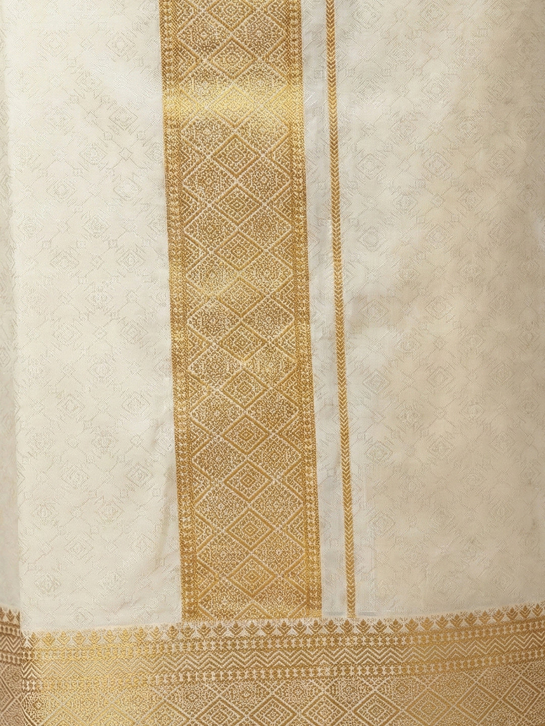 Men Art Silk Self Design Shirt with Readymade Dhoti & Towel Set Cream CRJD4