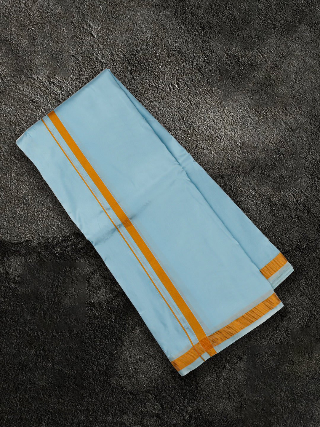 Men Art Silk Sky Blue Shirting & Panchakacham Set with Gold Jari Border 9+5 Ashirwath