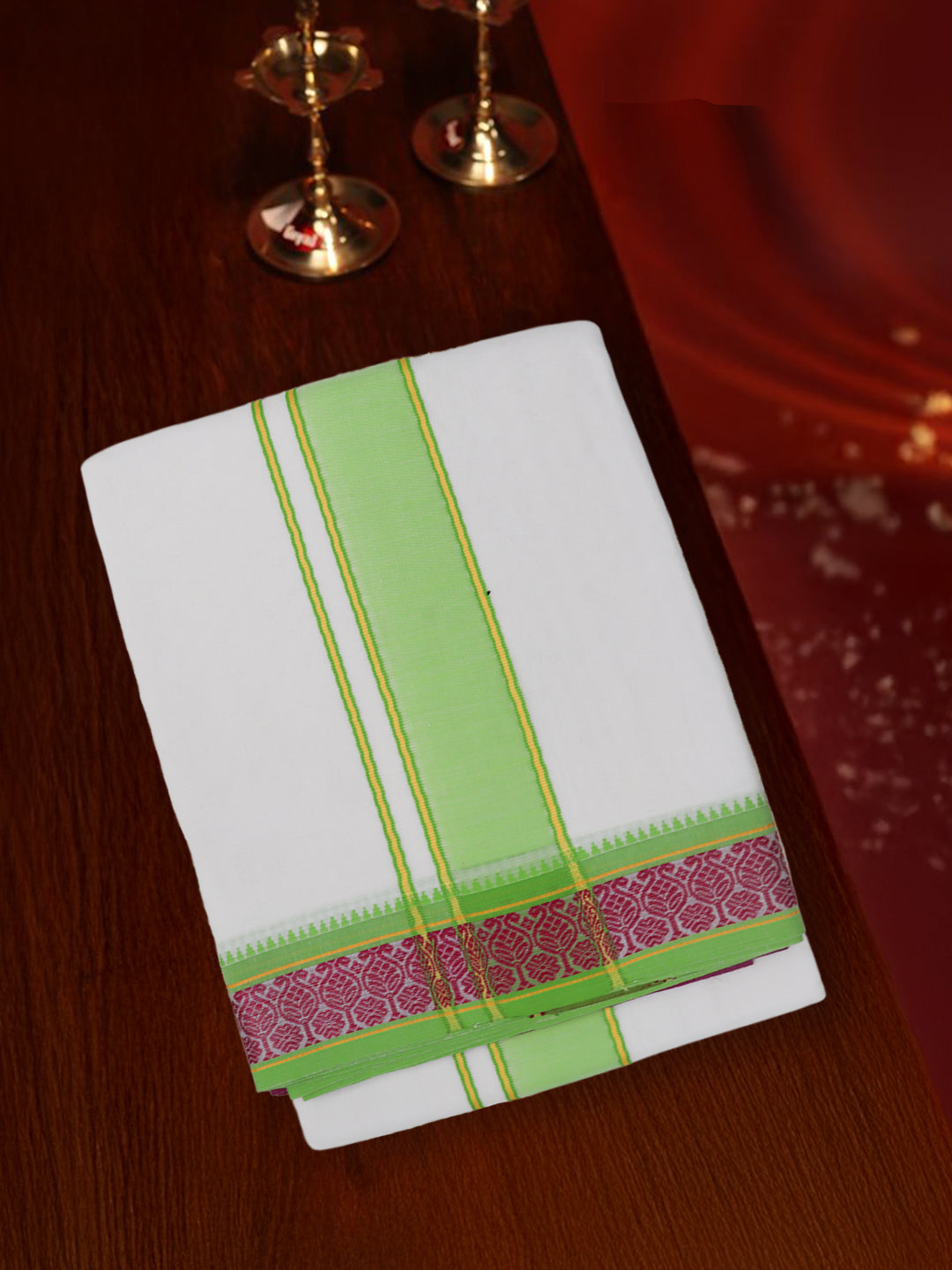 Men Cotton Light Green Fancy Border Panchakacham with Angavasthram Keerthisena (9+5) KS08