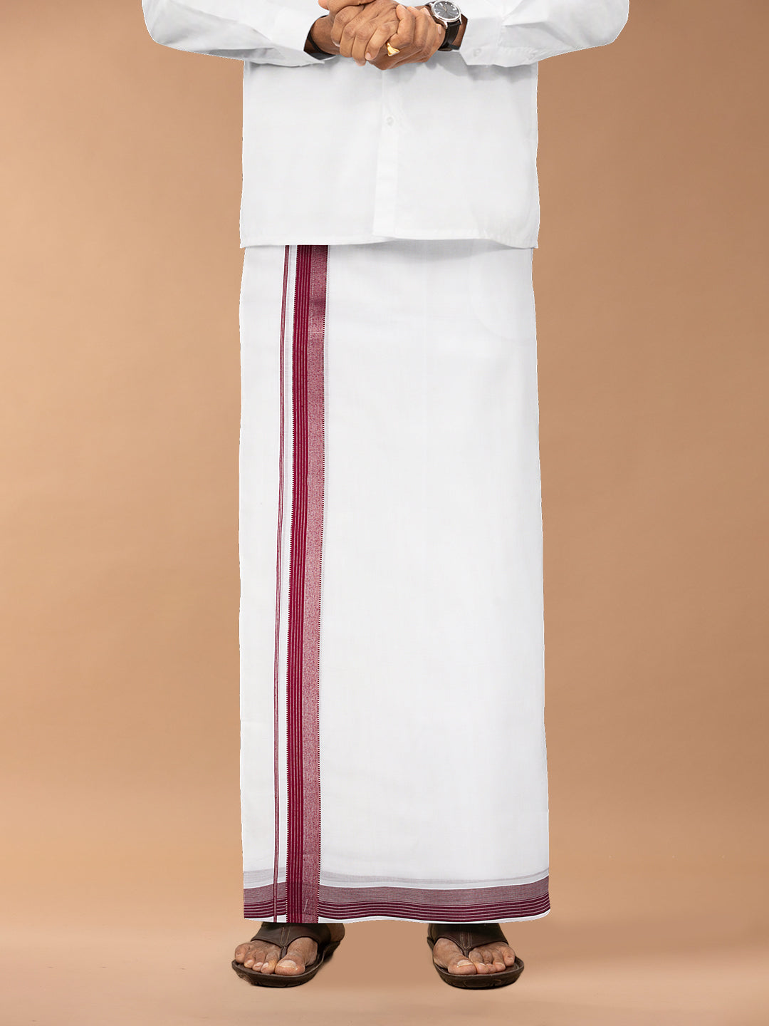 Mens Premium Handloom Dhoti Maroon with Silver Jari Border HLM20