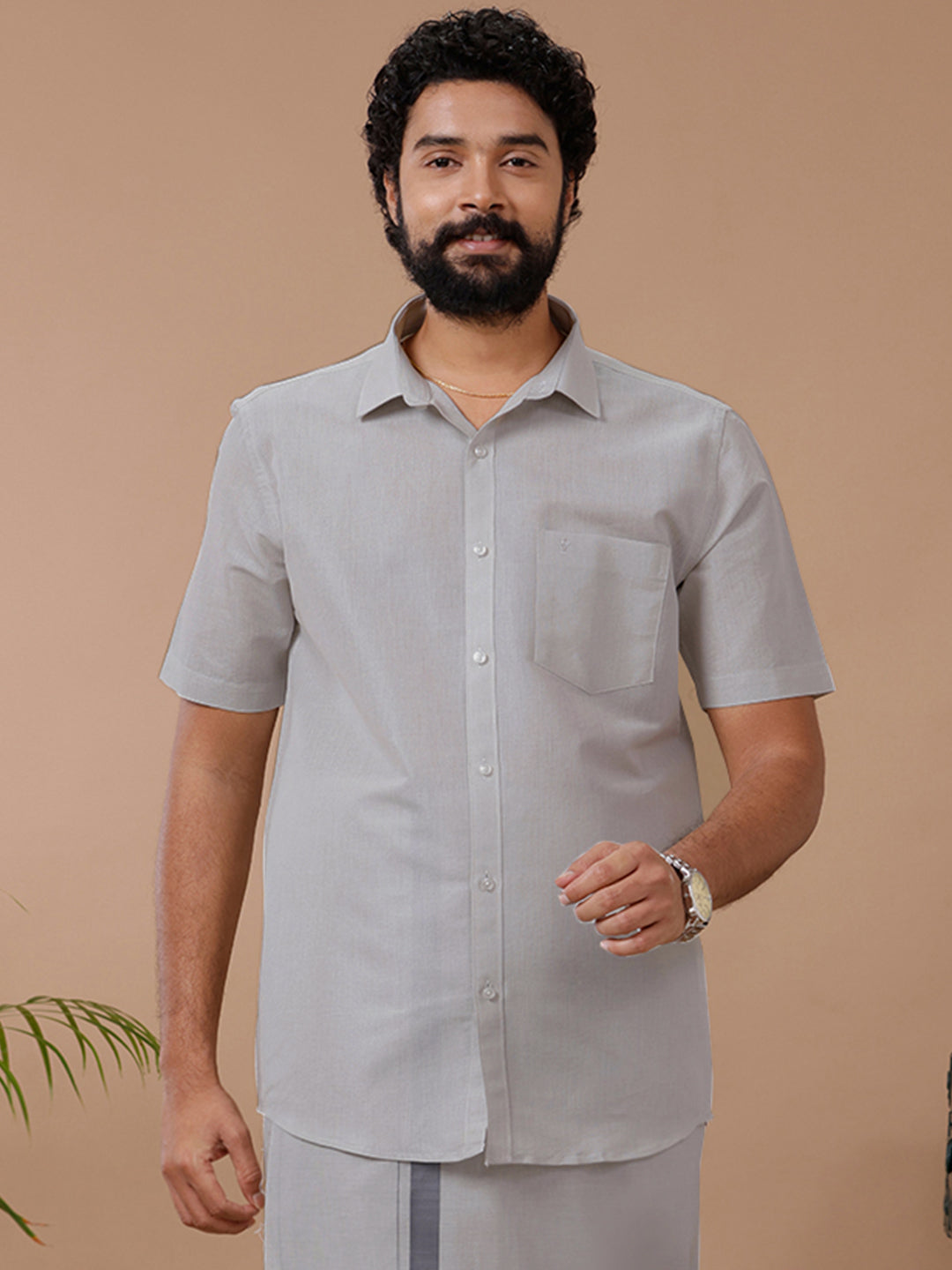 Mens Tissue Dhoti & Half Sleeves Shirt Set Licorice