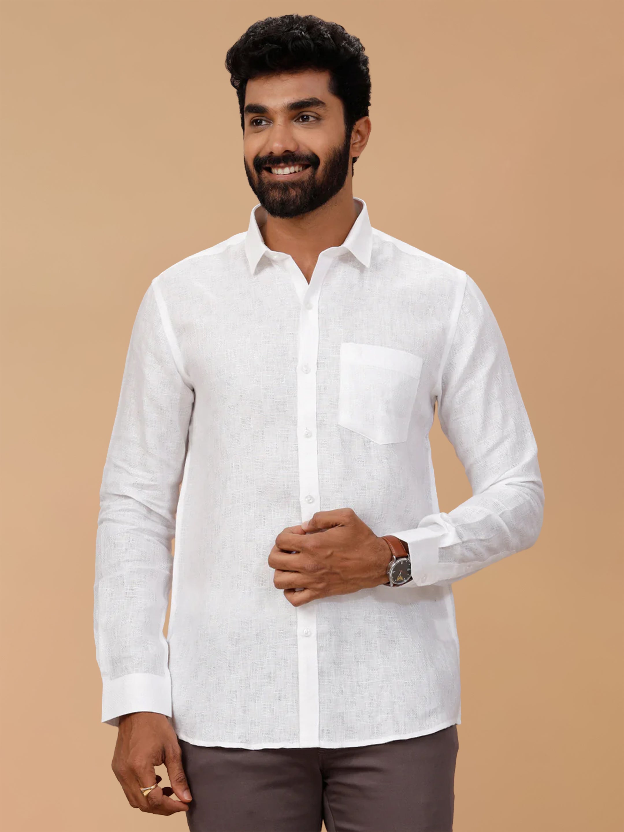 Pure Linen Self Design White Shirt LP1532JF