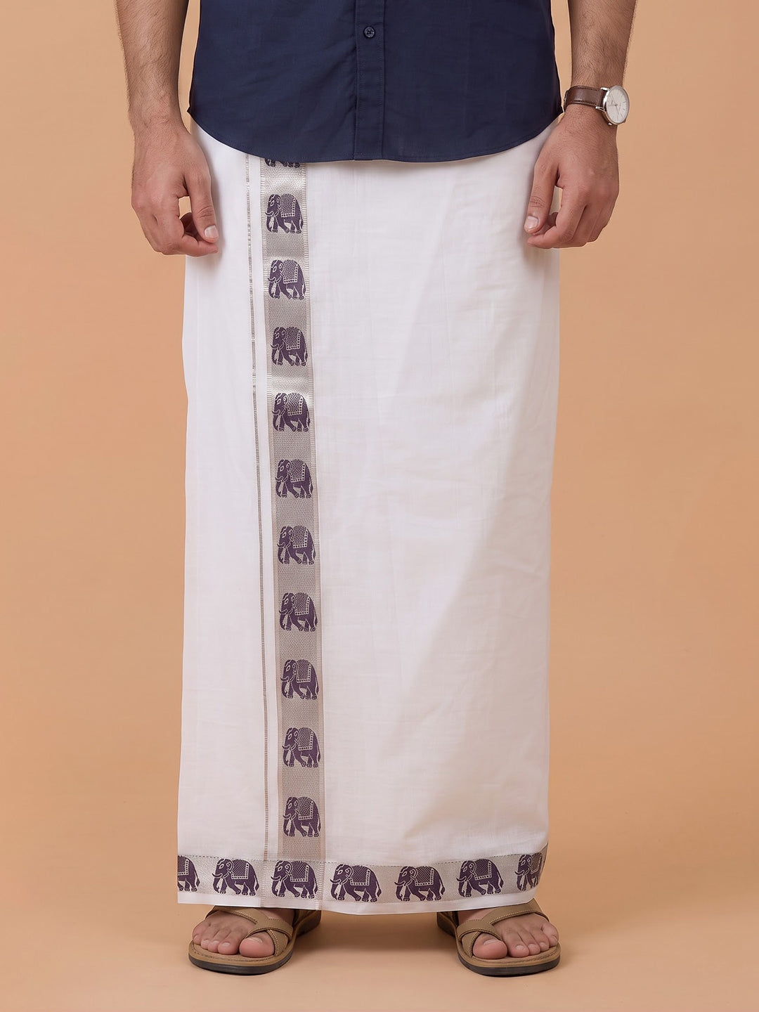 Double Layer 100% Cotton White Dhoti with Colour Jari Border - LC49