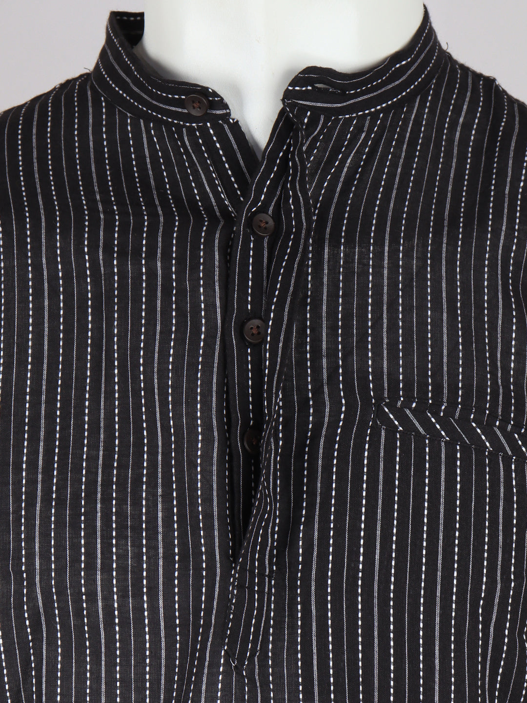 Men Cotton Short Length Stripes Pocket Kurta Black RJ26
