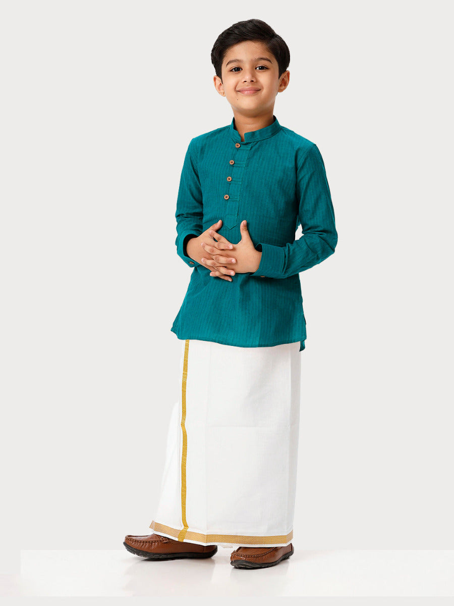 Boys Breeze Cotton Full Sleeves Peacock Green Kurta with Dhoti Combo -Front view one