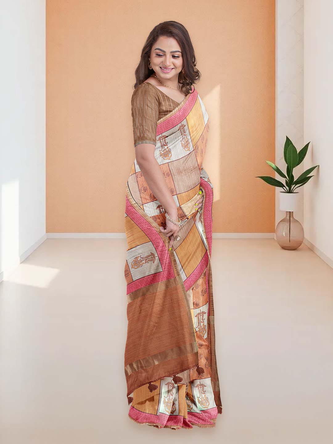 Women Burnt Orange Semi Tussar Printed Saree ST298