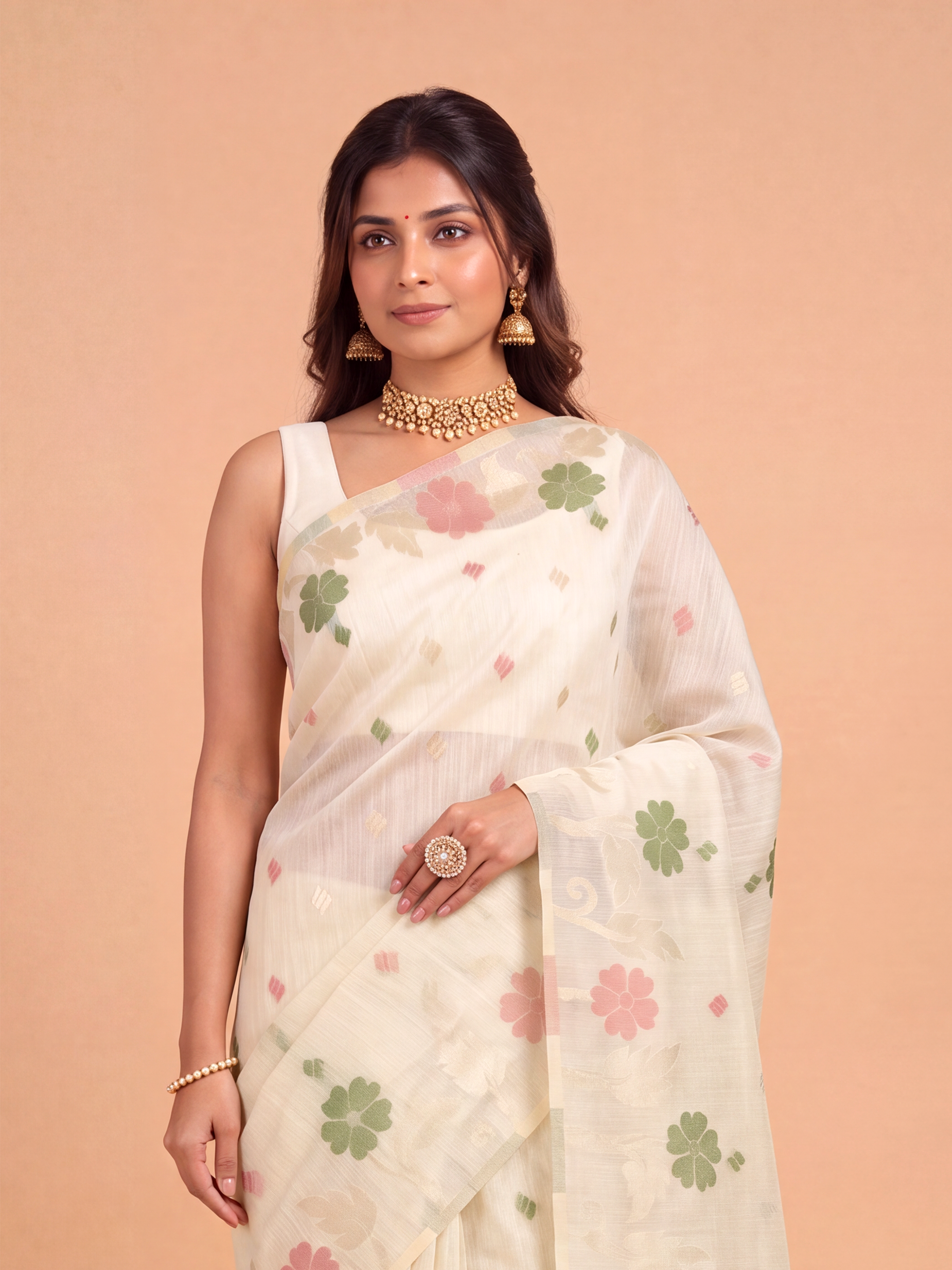 Women Cream Spun Poly Printed Saree SP08