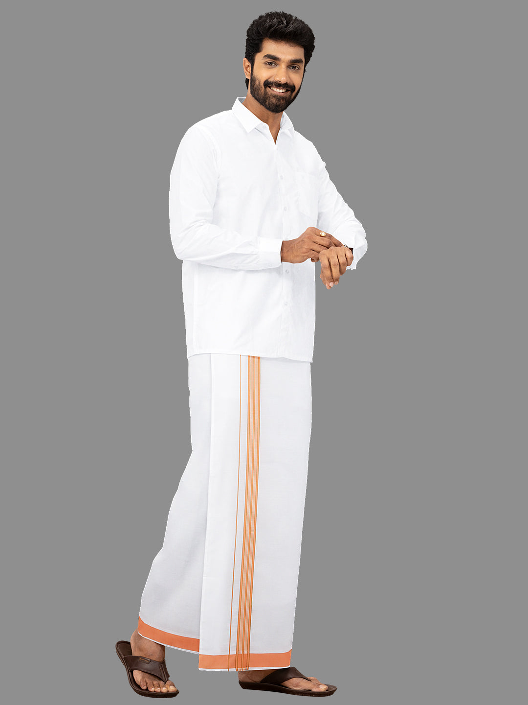 Men White with Orange Fancy Jari Border Single Layer Dhoti Yuga YJF01