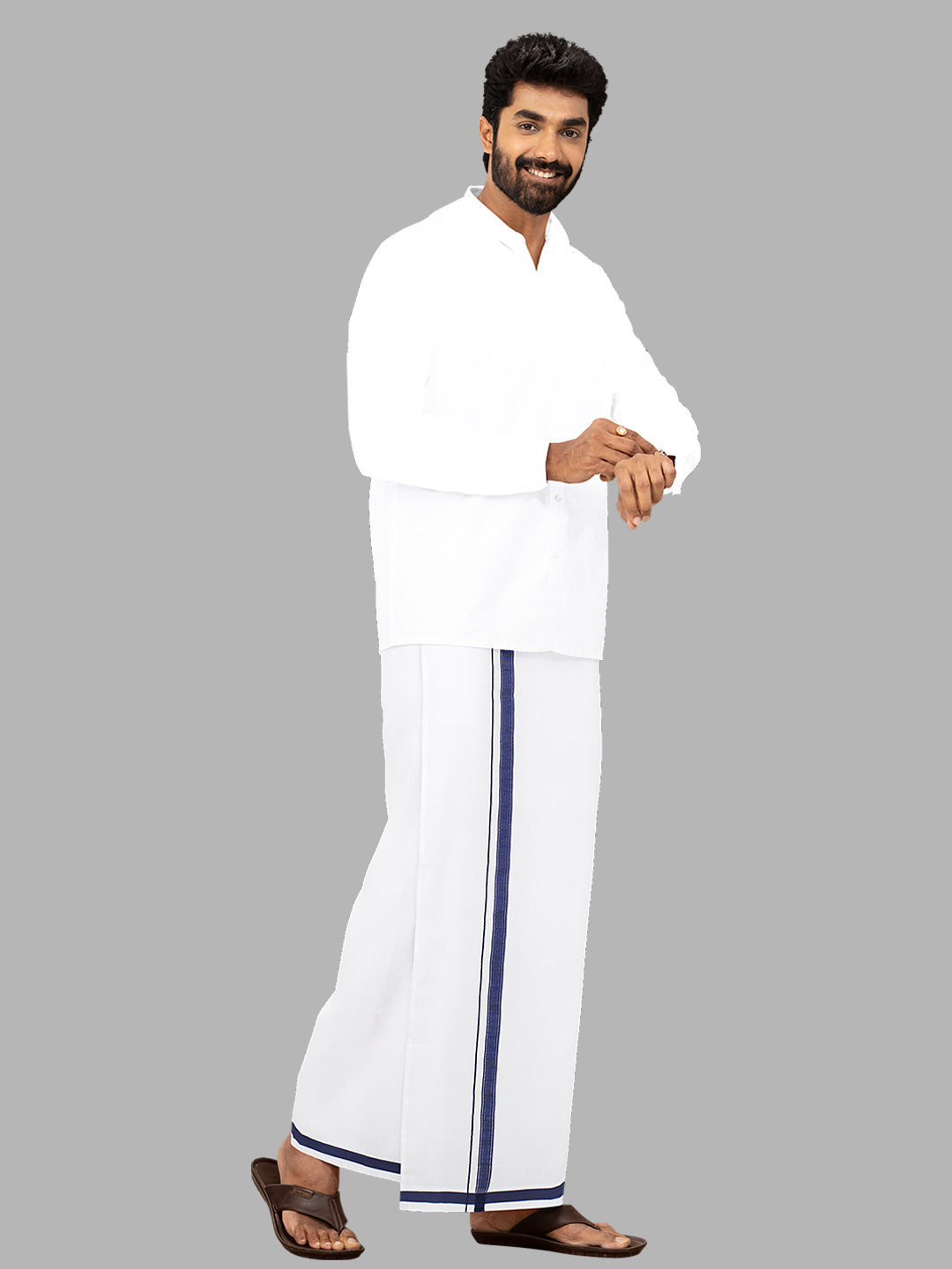 Men Navy Fancy Border Single Layer White Dhoti PF03