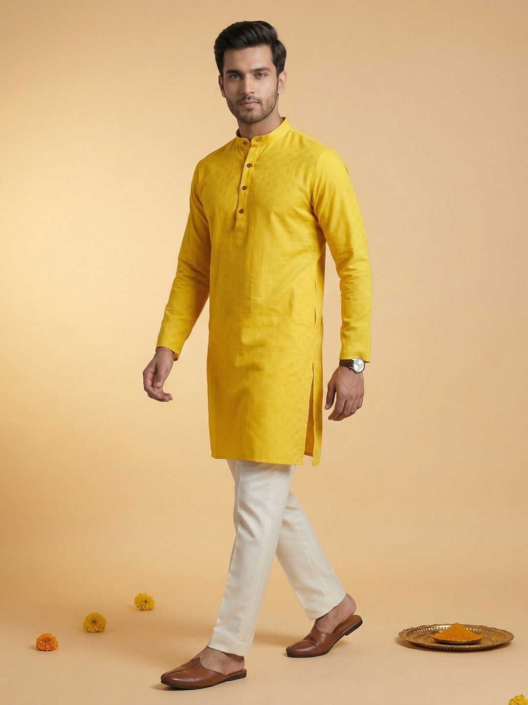 Cotton Medium Length Self Design Pocket Kurta Yellow D5