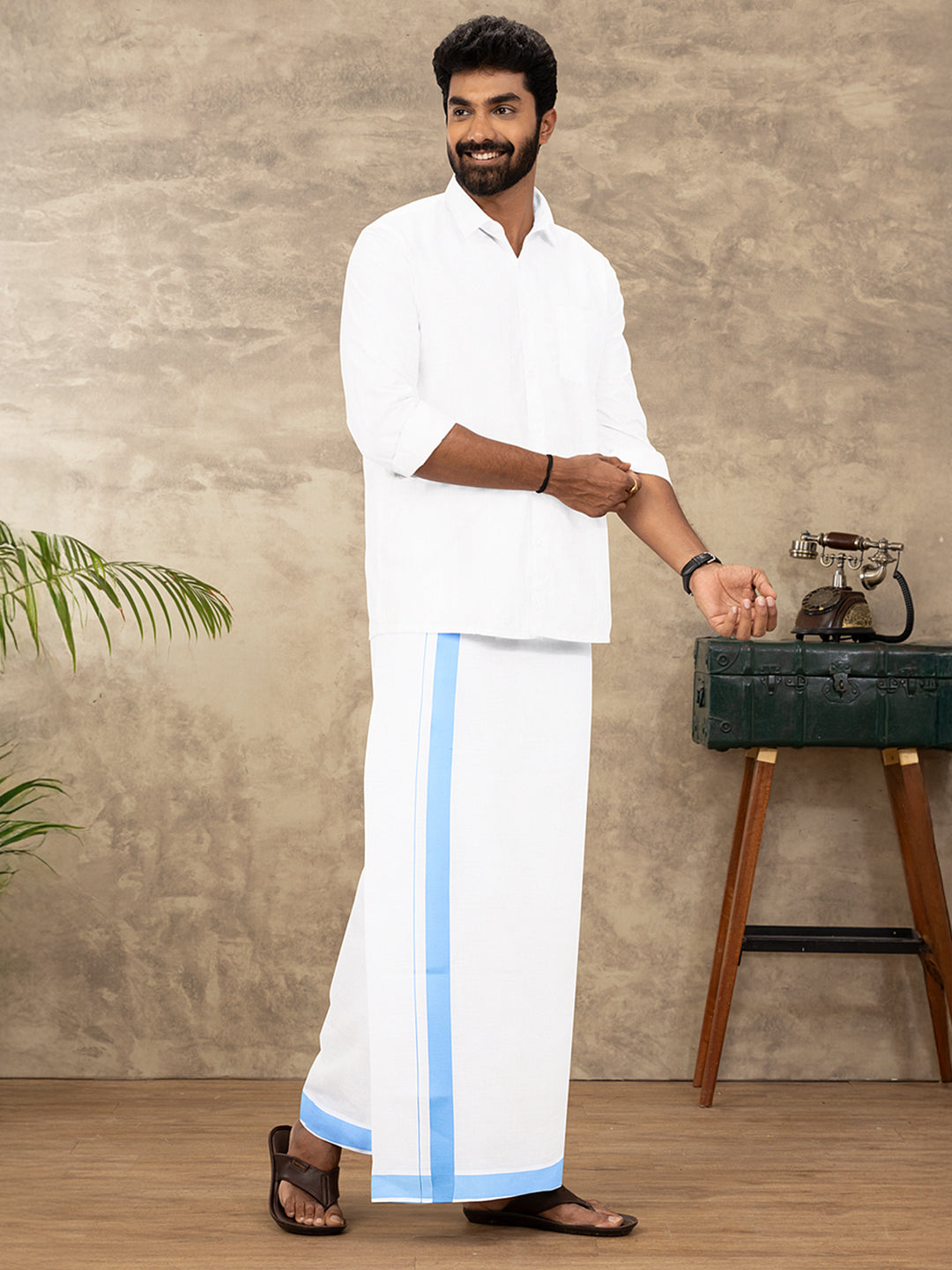 Men Cotton Blend Single Layer White Dhoti with Big Border WS27