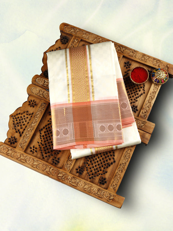 Pure Silk Cream Colour 5" Pink Fancy Border Dhoti With Towel Thirukalyan