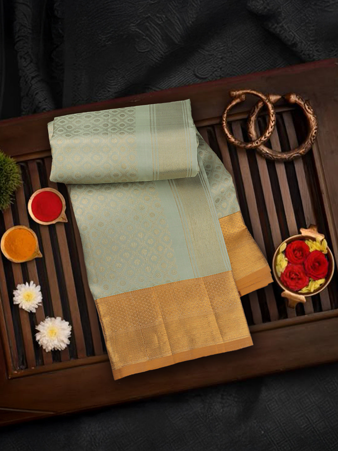 Men Premium Pure Silk Dhoti & Towel Set with 6" inch Gold Jari Border Amirtham AM6