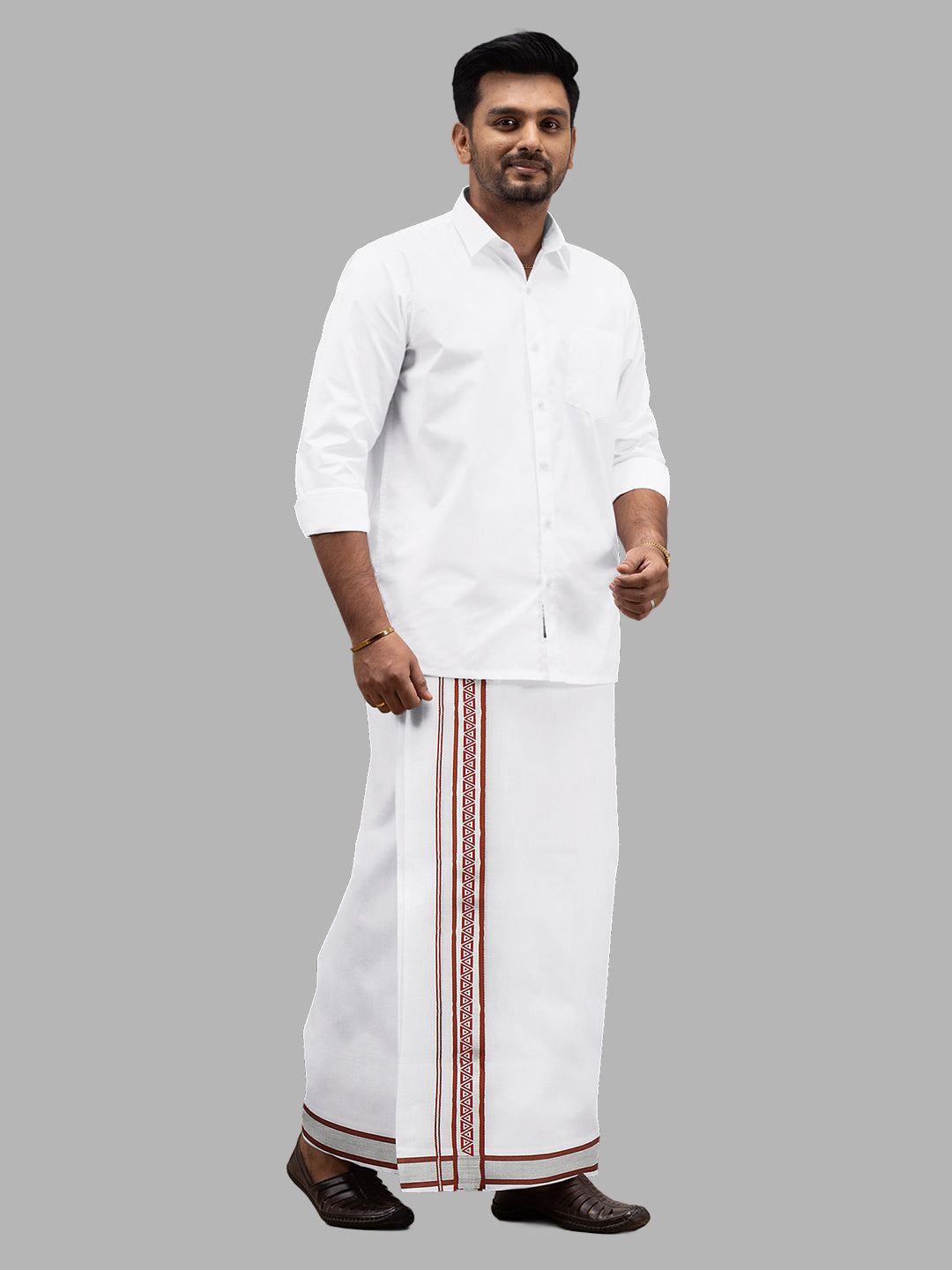 Men Red Fancy Jari Border White Double Layer Dhoti