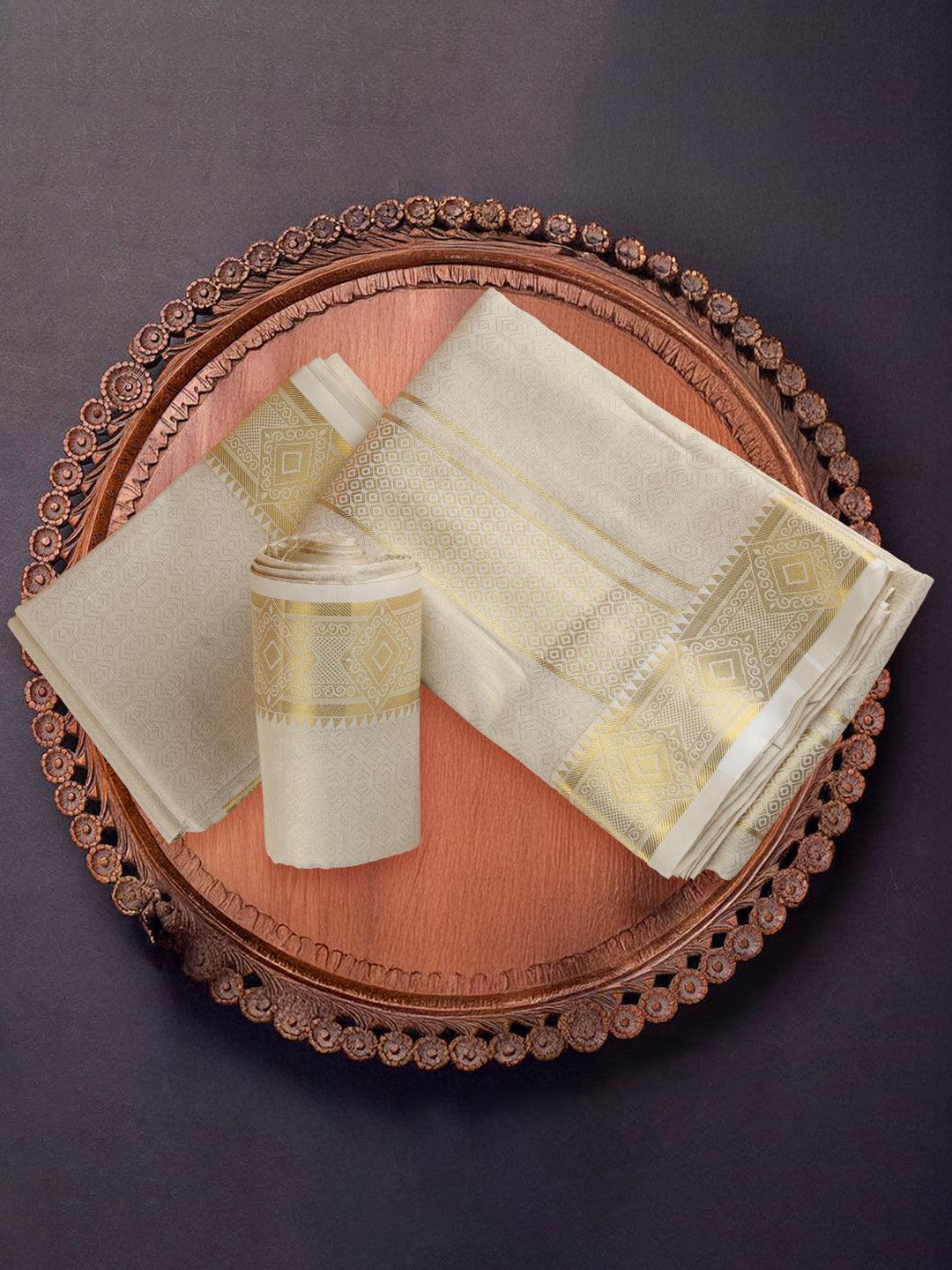 Men Tissue Dhoti Shirting & Towel Set Cream Golden Glory GG04