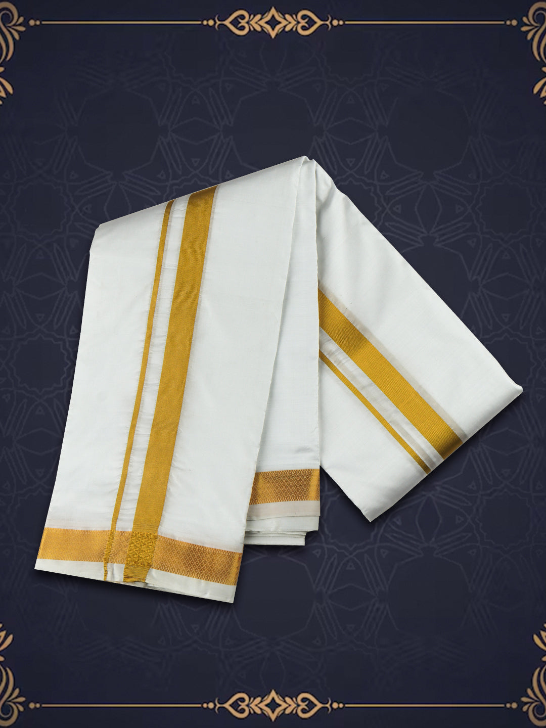 Men Pure Silk White with 1" inch Jari Border Double Layer Dhoti & Towel Set