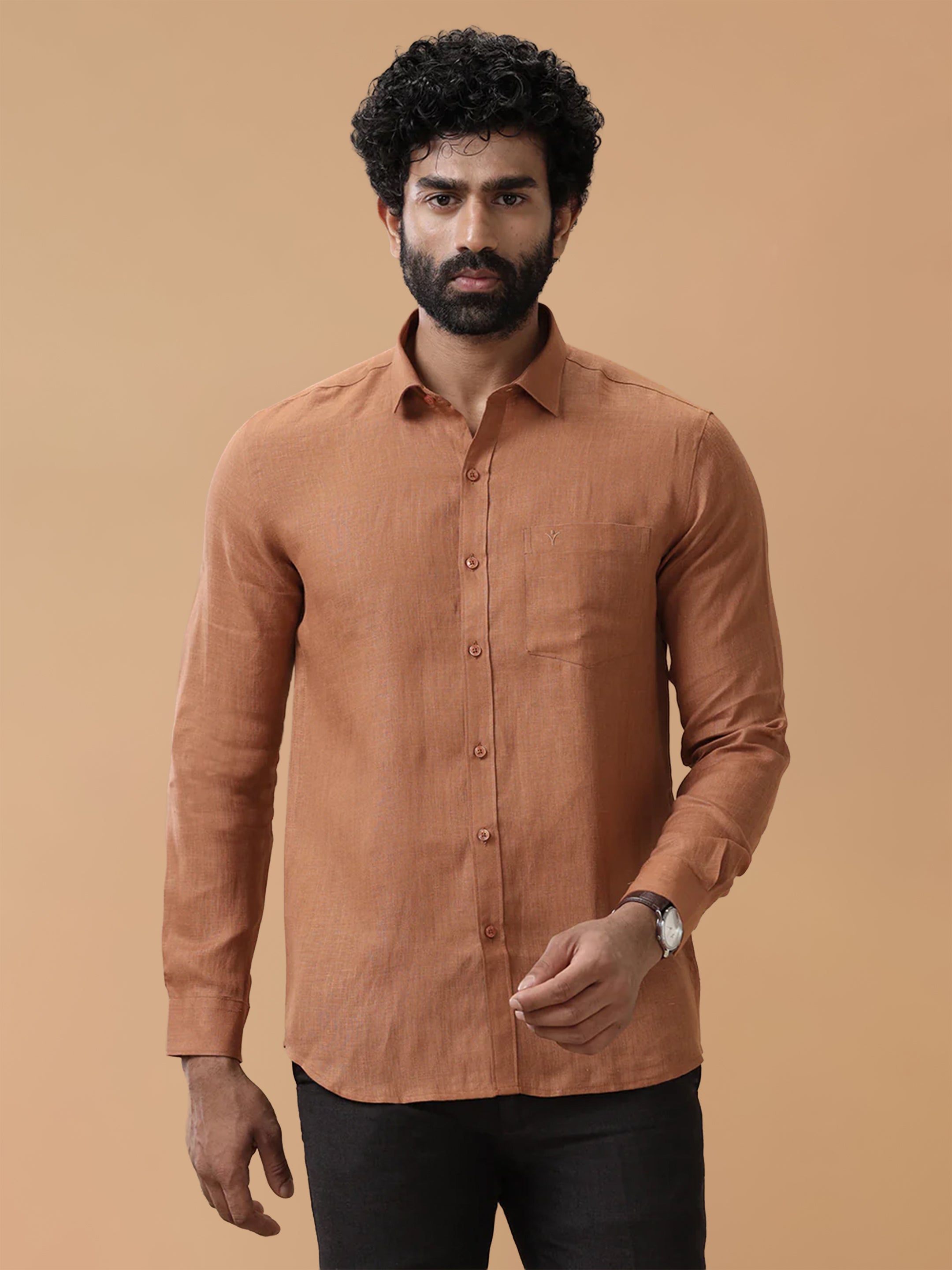 Pure Linen Rust Brown Smart Fit Shirt L115