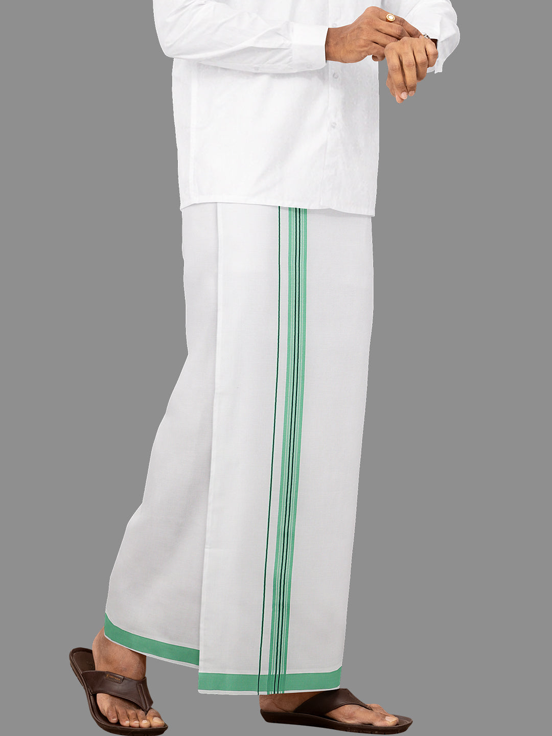 Men White with Green Fancy Border Single Layer Dhoti Winner