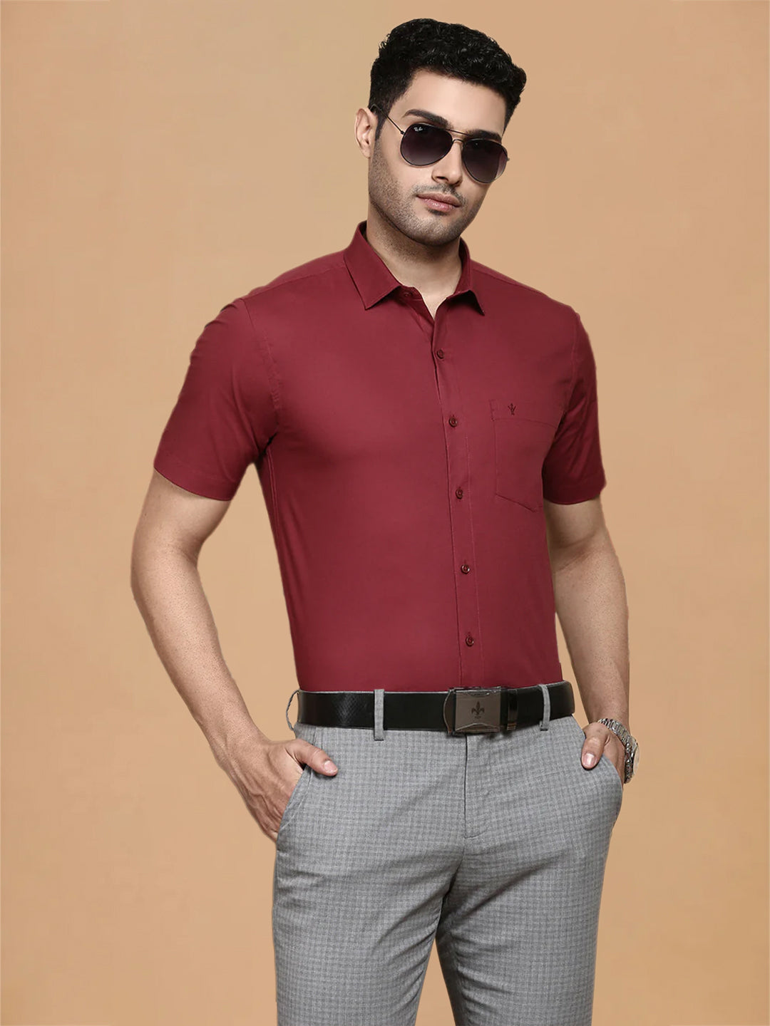 Cotton Spandex Deep Red 2 Way Stretch Smart Fit Shirt LY6