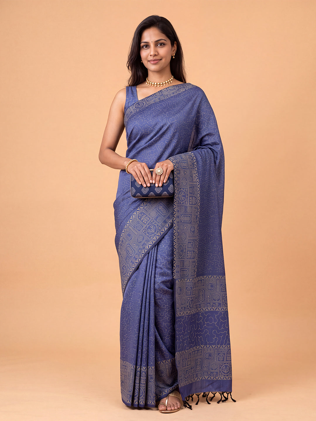 Women Pure Cotton Cobalt Blue Printed Saree PCS281