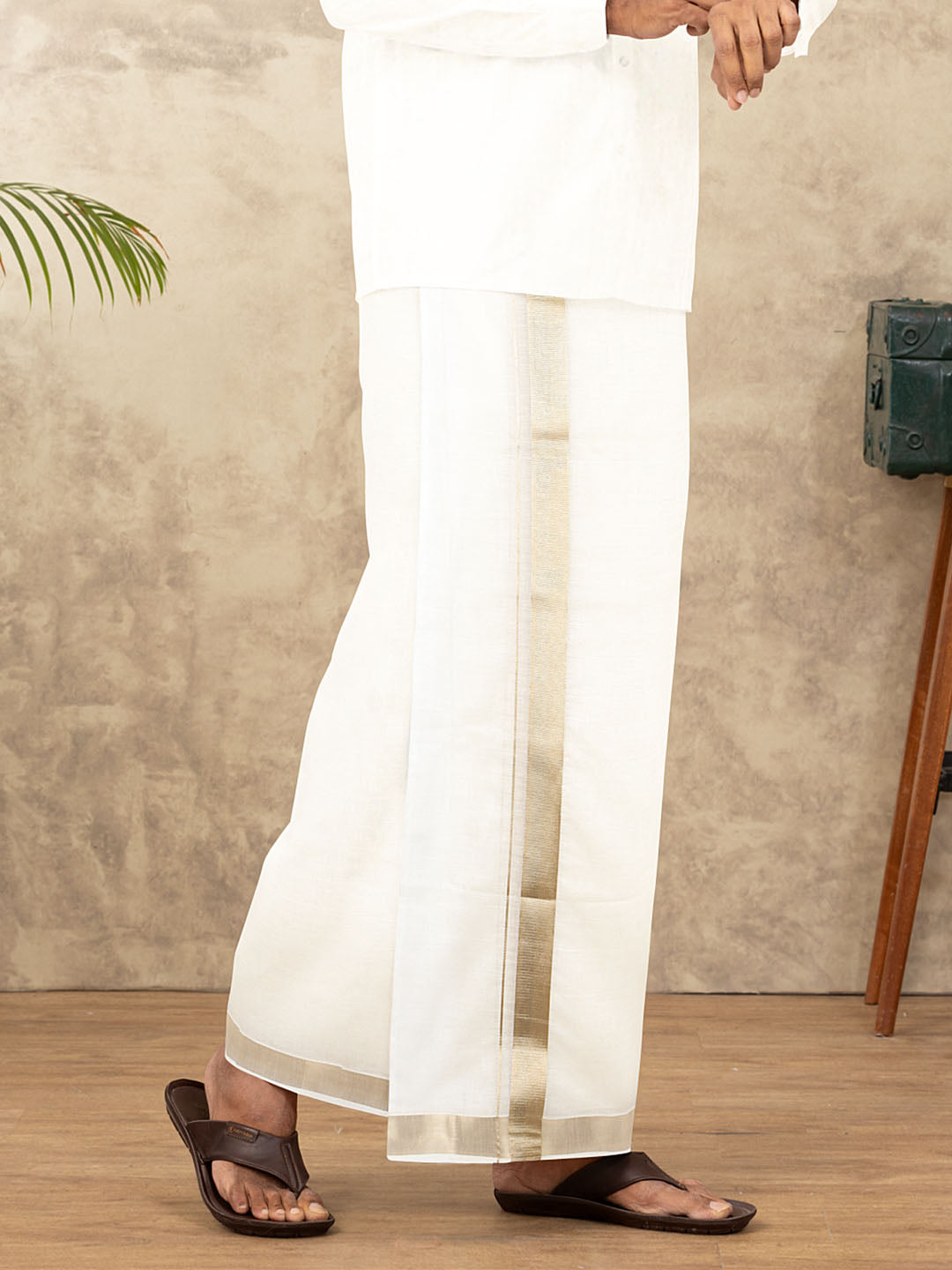 Men Kora Cotton Double Layer Cream Dhoti with 1 1/2"inch Gold Jari Border Antique