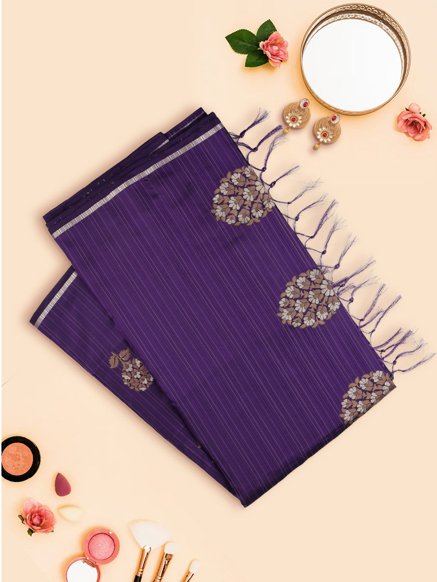 Women Stylish Flower Design Semi Silk Navy Saree with Tussle SS85-View two