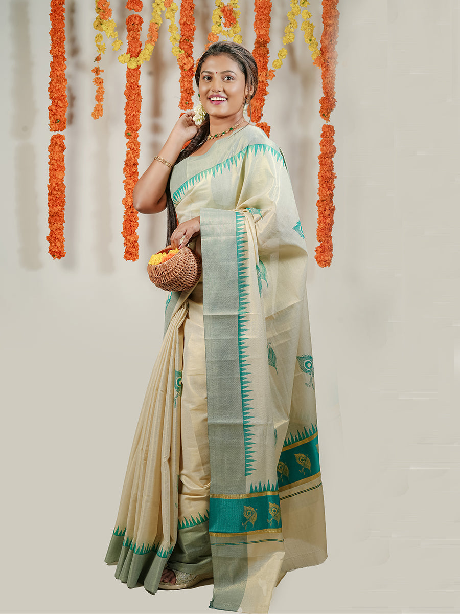 Womens Kerala Tissue Leaf with Flute Printed Gold Jari & Green Border with Tussle Saree OKS06 Onam Collection