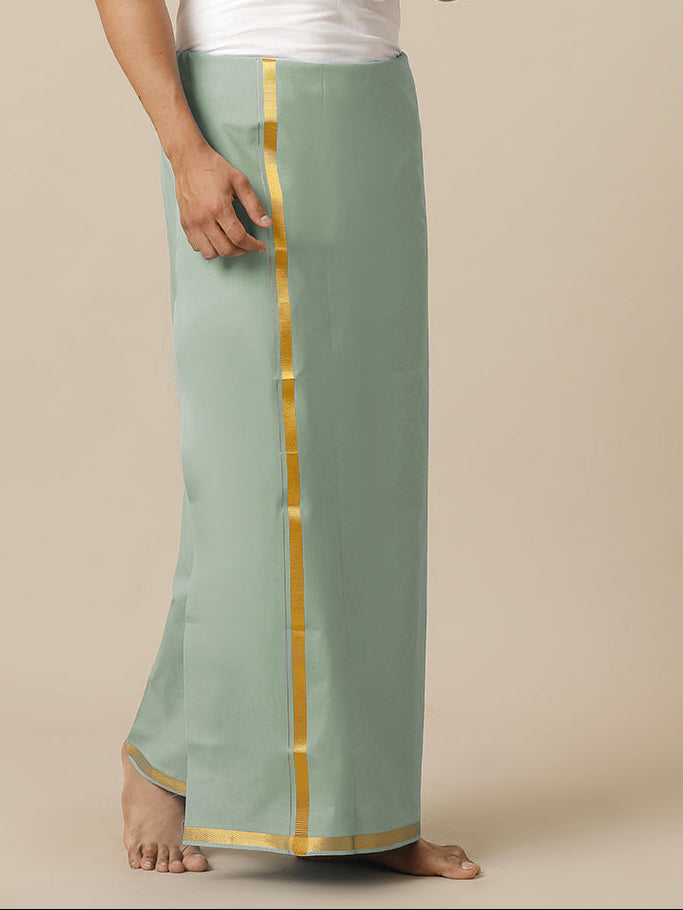 Men Cotton Blend Single Layer Green Dhoti with Gold Jari Border Cosmic 10