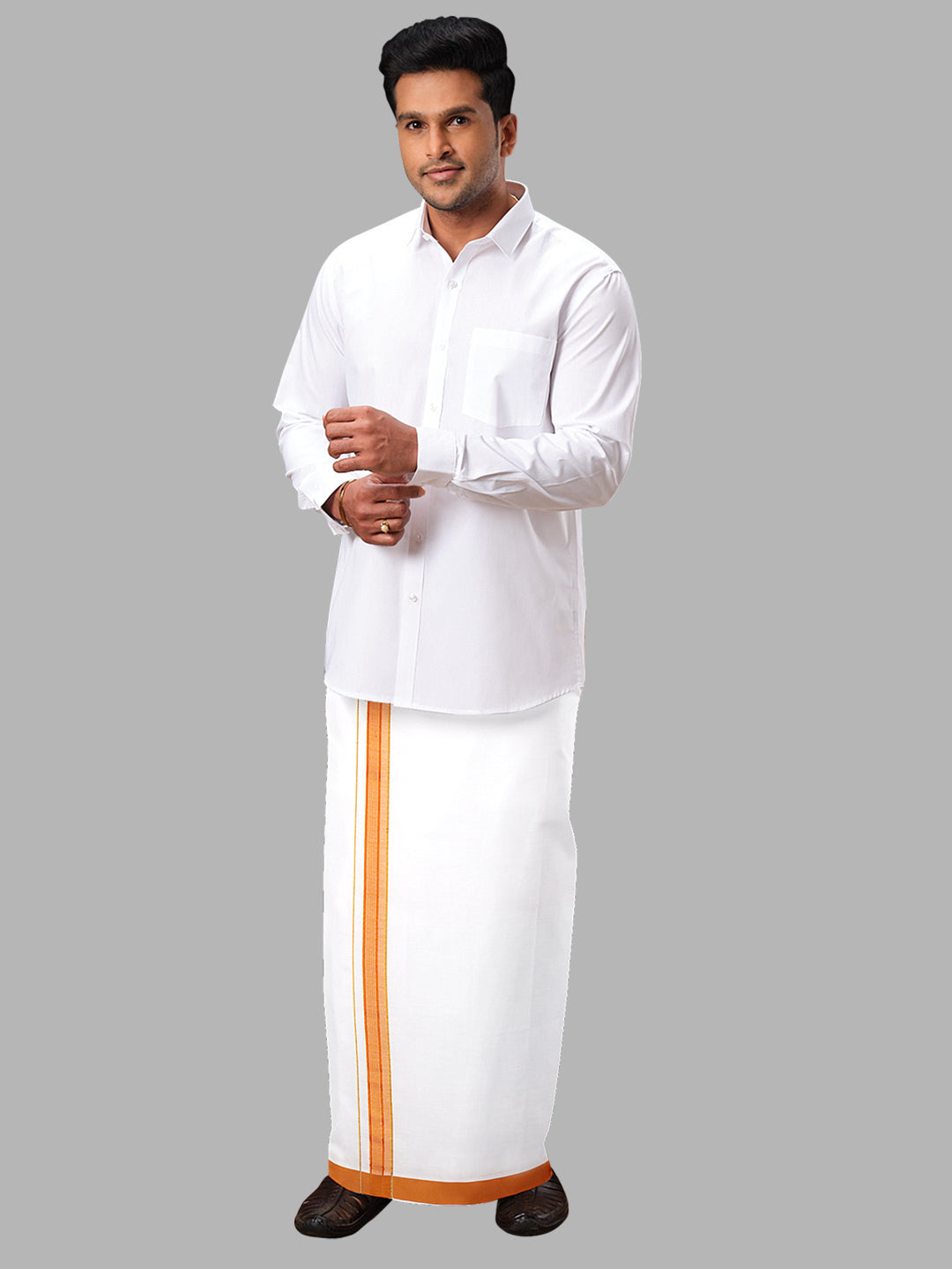 Men Orange Adjustable Pocket Dhoti with Fancy Border GACJ16