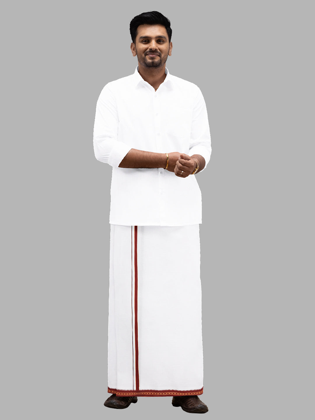 Men Cotton Blend Single Layer White Dhoti with Mayilkhan Border