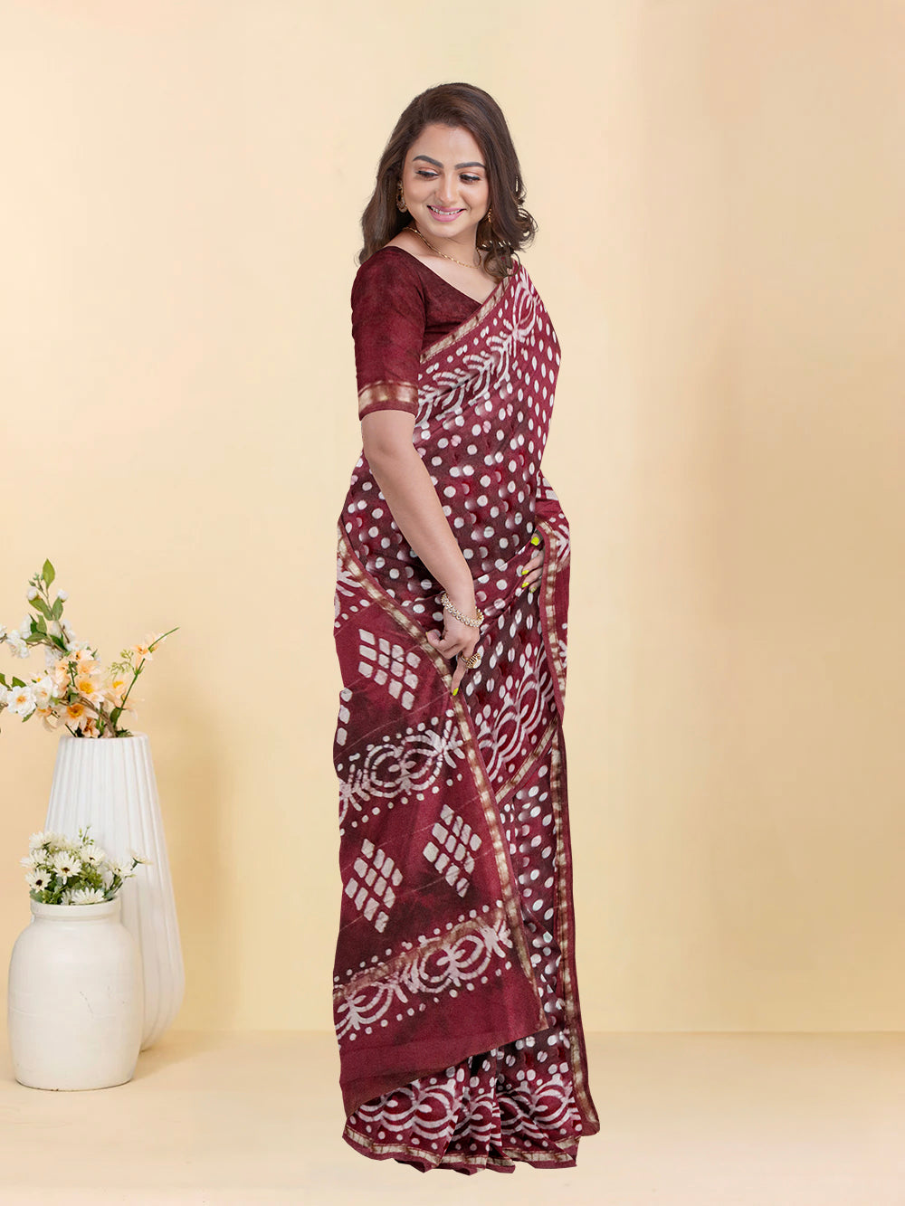 Women Maroon Semi Chanderi Cotton Printed Saree SC69