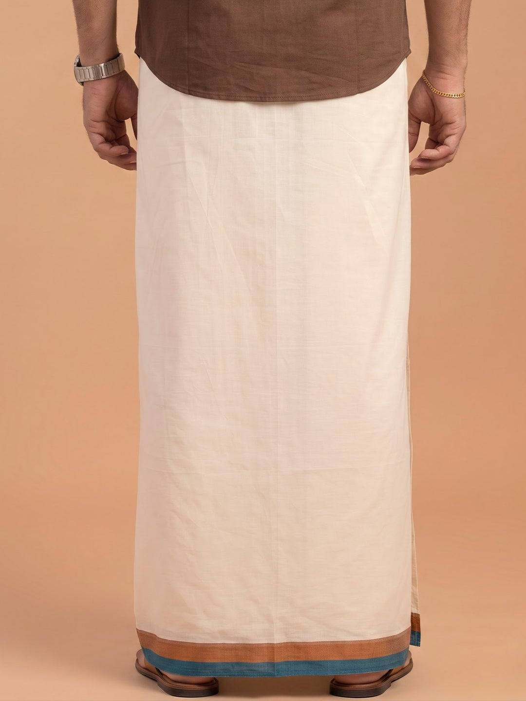 Double Layer Giza Cotton Cream Kora Dhoti with Colour Border - PKF01