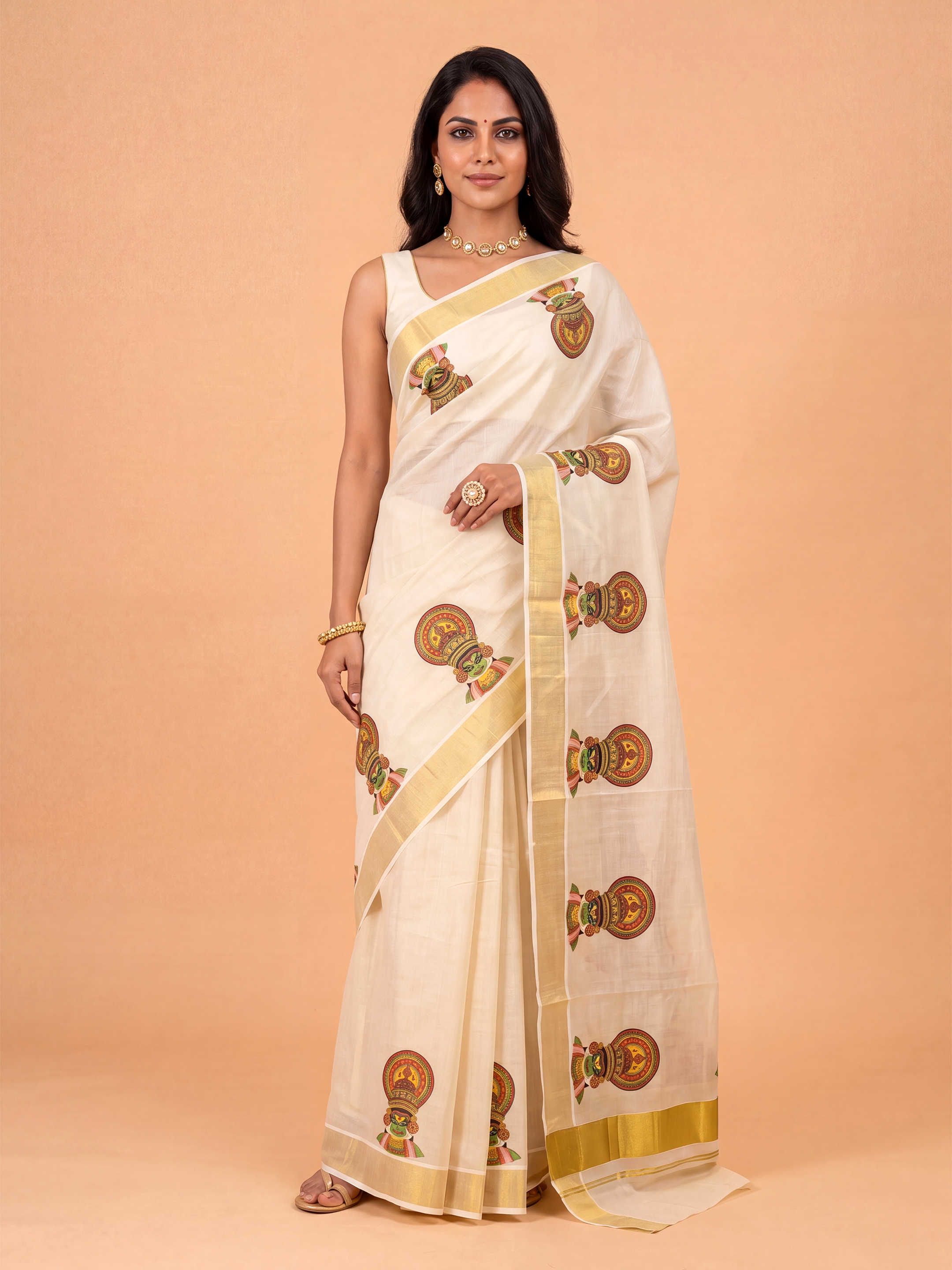 Women Tissue Cream Kathakali Face Printed Kerala Saree KLS25