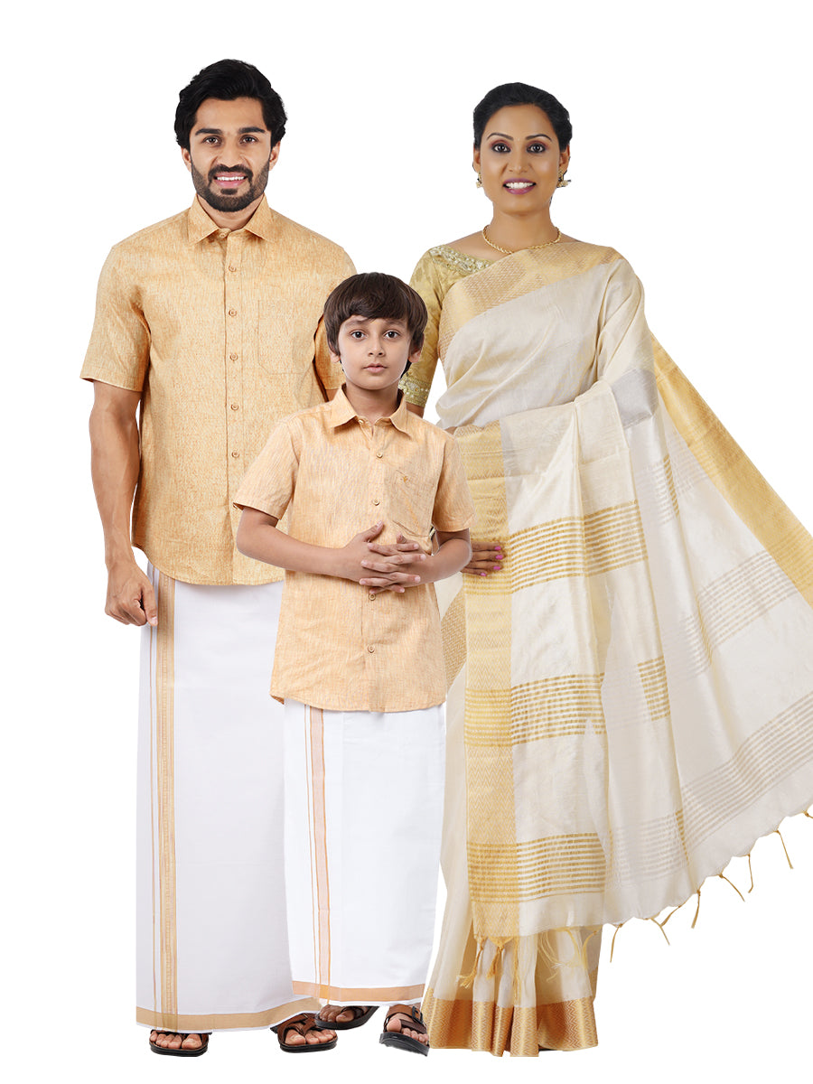 Matching Shirt and Dhoti Set with Saree Family Combo Mustard