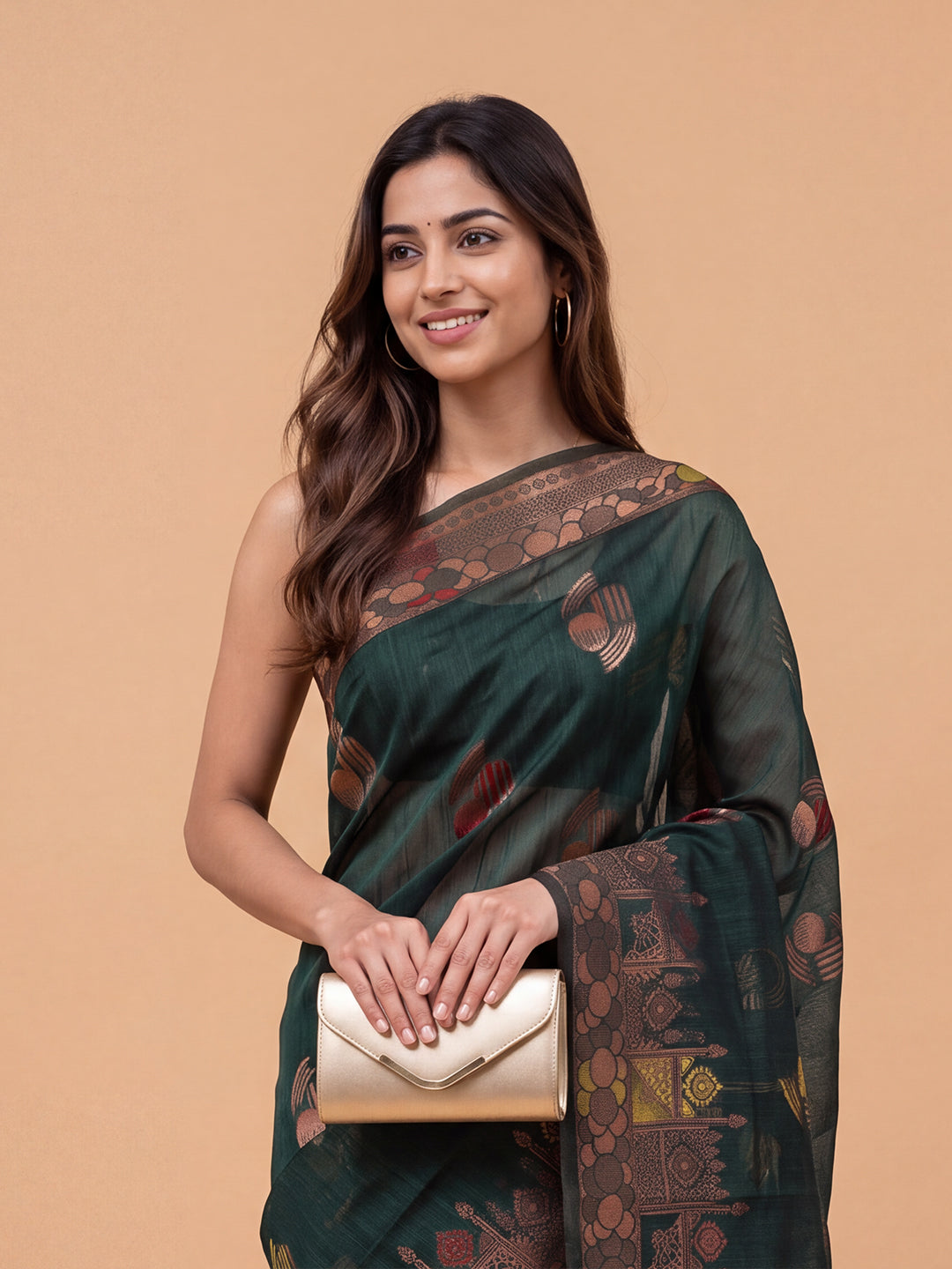 Women Spun Poly Dark Green Printed Saree SP15
