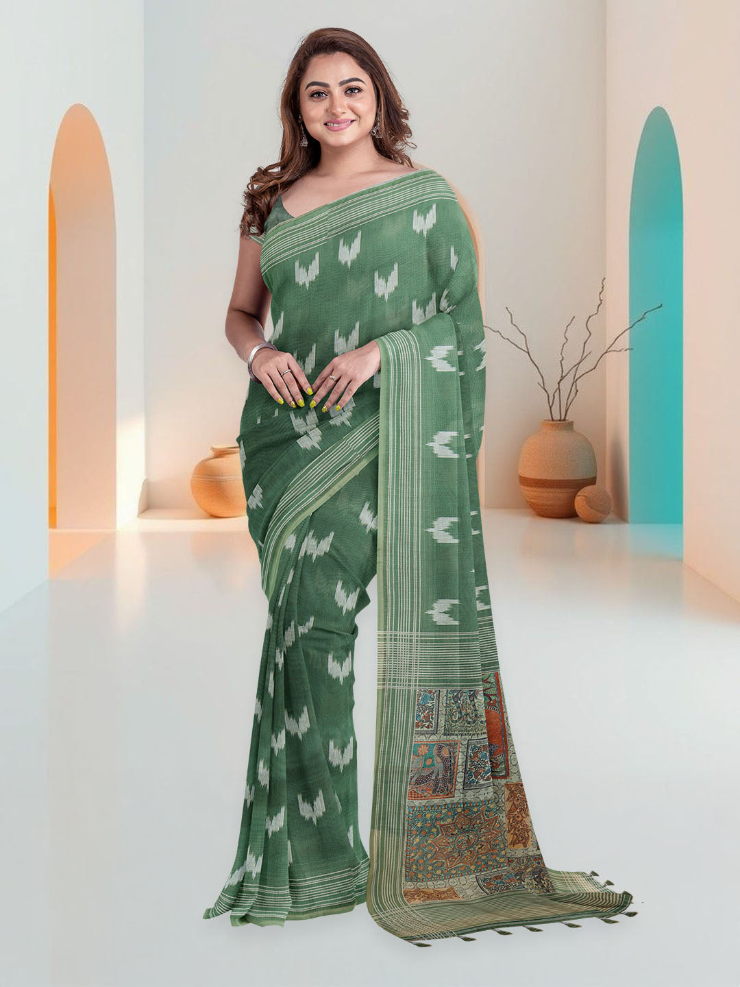 Women Green Semi Chanderi Cotton Printed Saree SC74