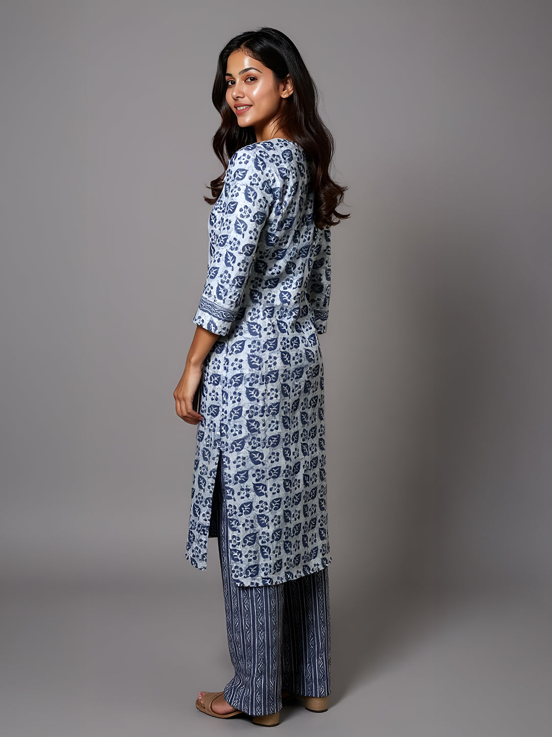 Women Cotton Printed Kurti Set Blue EKS45