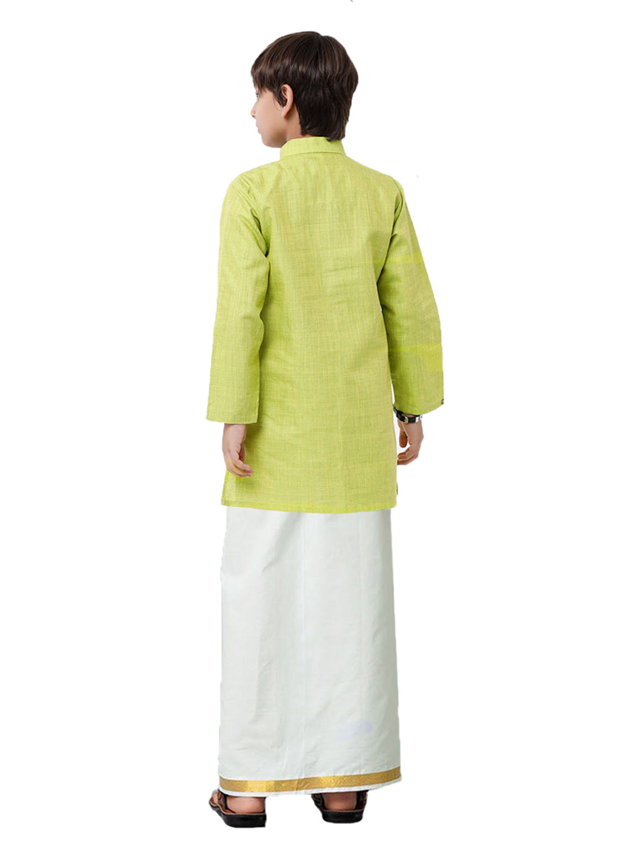 Like Father Like Son Parrot Green Kurta and Gold Jari Border Cream Dhoti Combo FS2