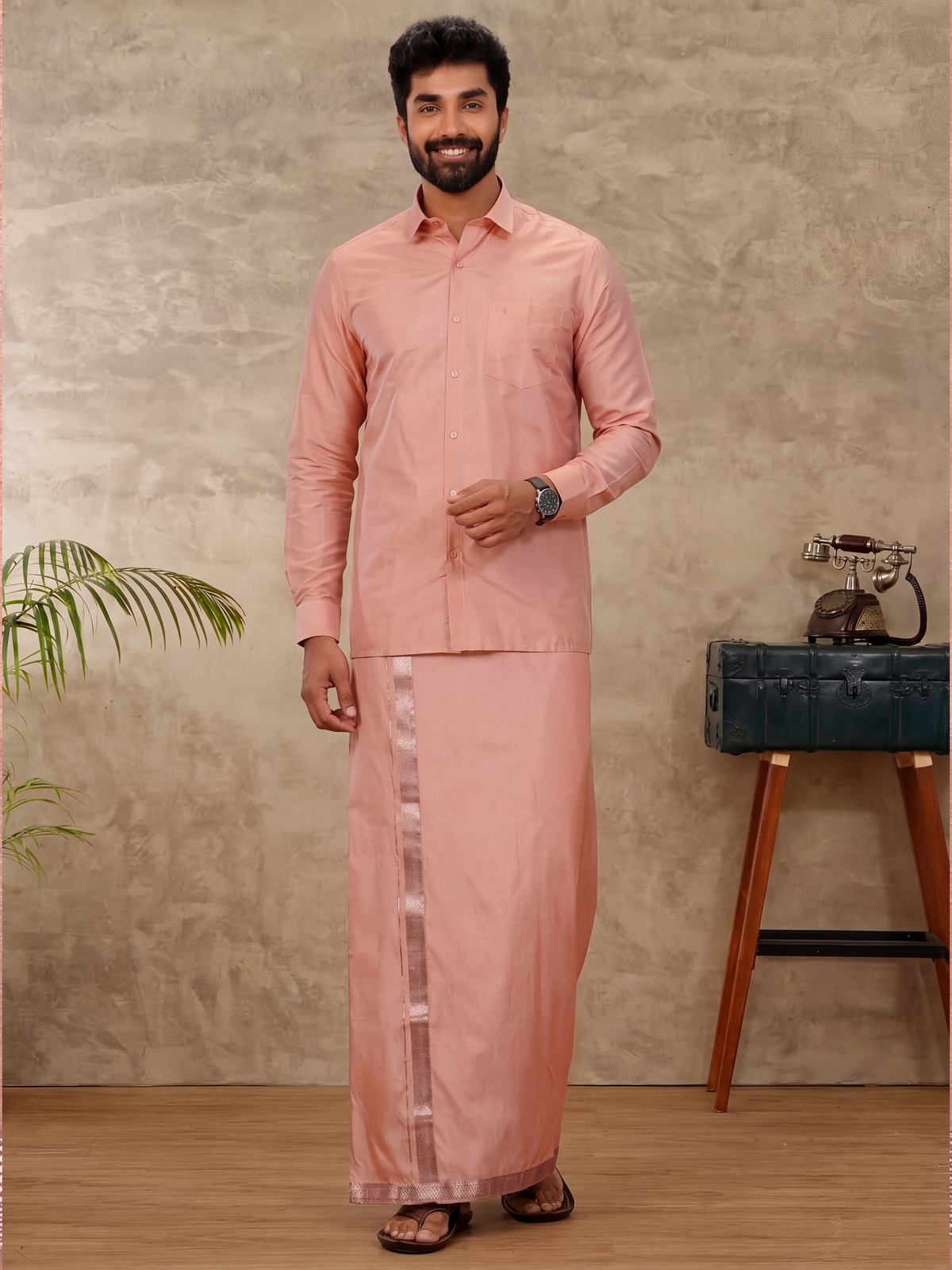 Art Silk Copper Tone Shirt with Dhoti & Towel Set